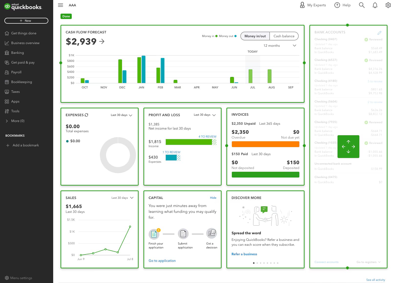 QuickBooks accounting dashboard preview